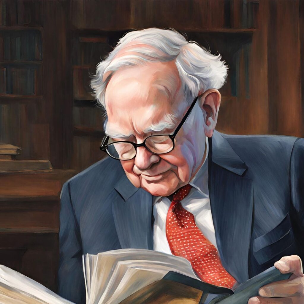warren buffett reading book red tie