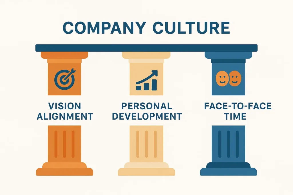 Landscape infographic titled “COMPANY CULTURE” showing three pillars labeled “VISION ALIGNMENT,” “PERSONAL DEVELOPMENT,” and “FACE‑TO‑FACE TIME,” each with its own icon beneath a dark blue beam.