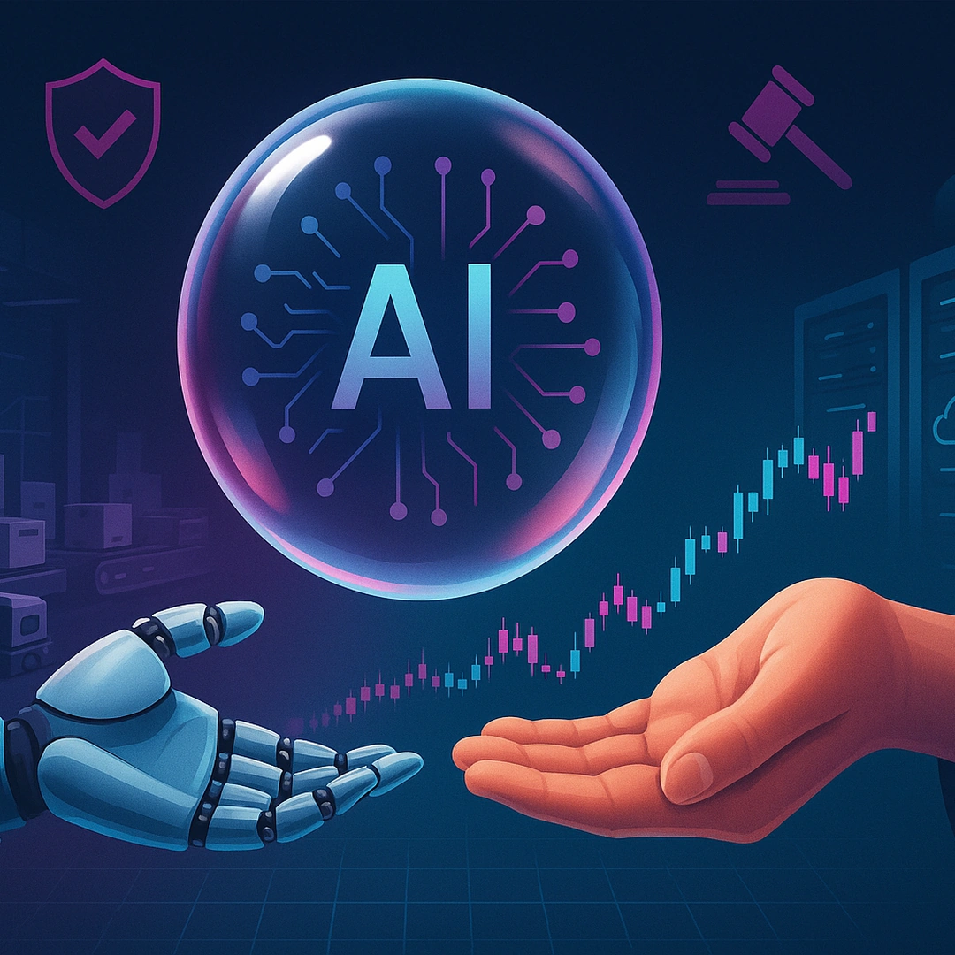 AI BUbble in the hand of a robot and Human